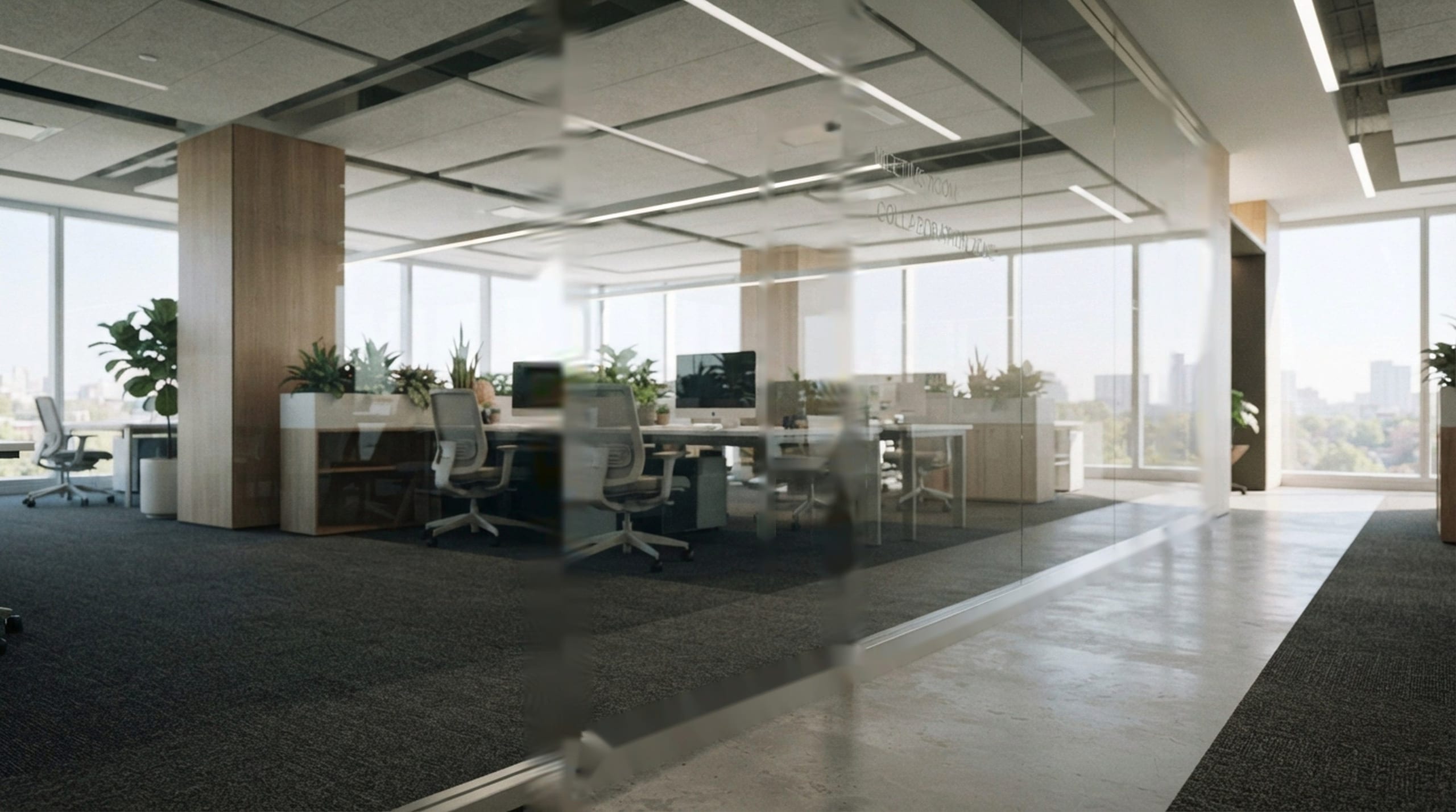 An open-plan office seen through a glass partition wall with a full-height door and long bar handle