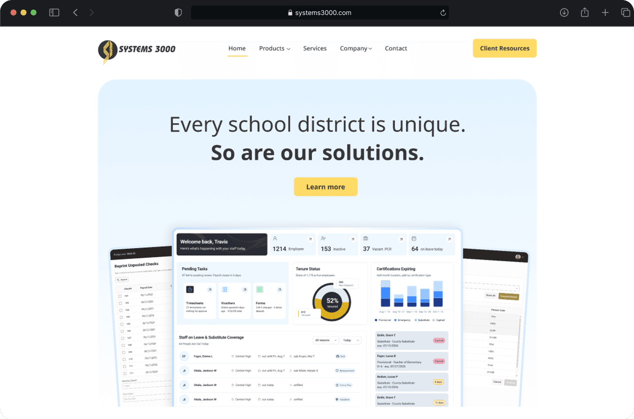 Systems 3000 website after the redesign