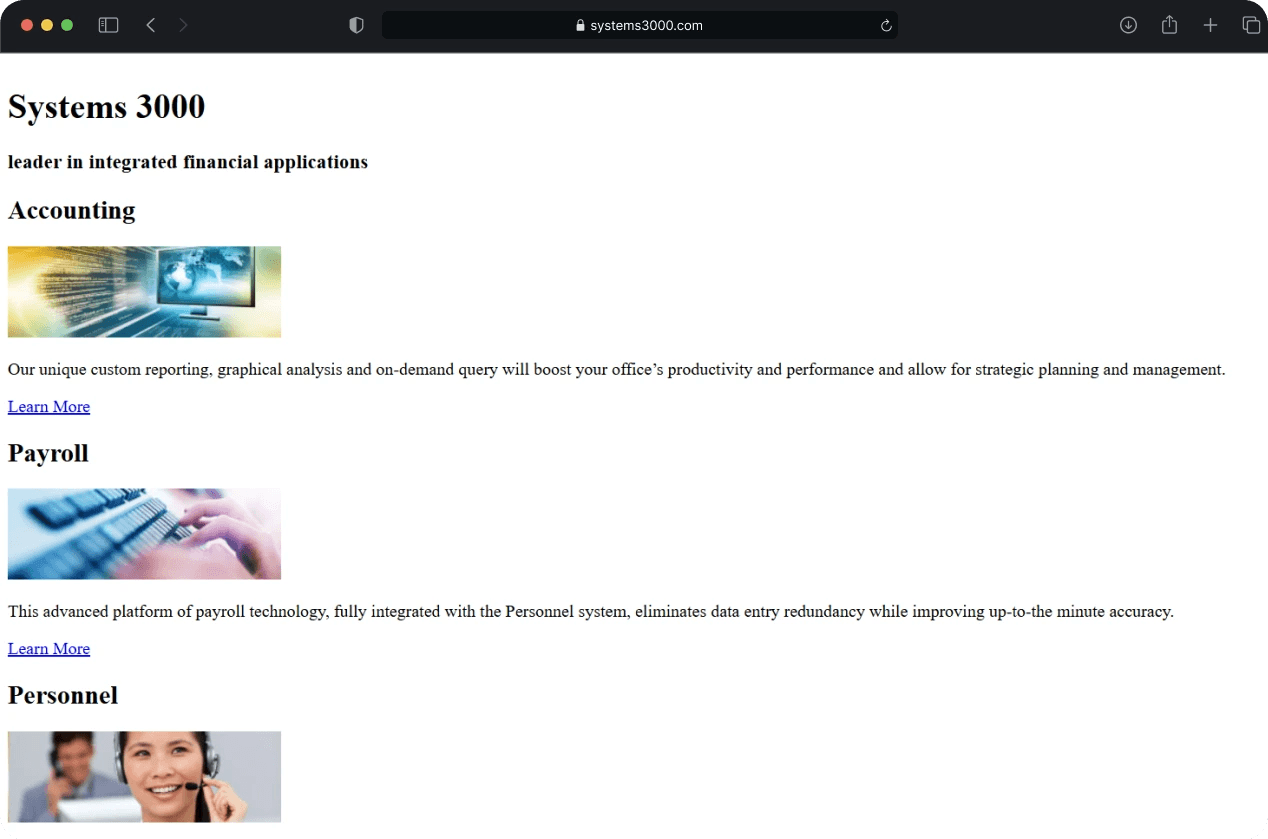 Systems 3000 website before the redesign